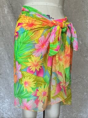 Tropical Floral Tie-Waist Swim Sarong - Neon Multicolor